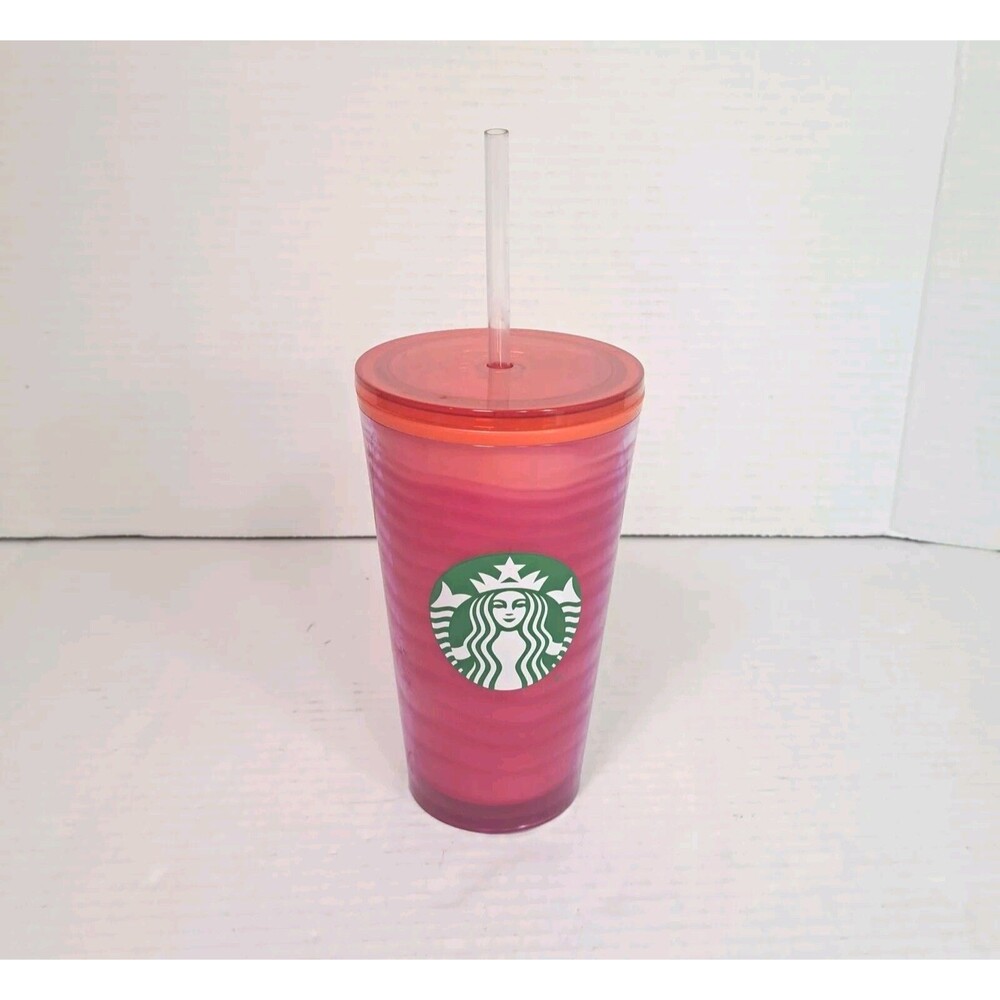 2020 Starbucks 16oz Plastic Cold Cup Tumbler Pink Orange Gradient Lid Straw